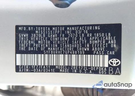 2016 Toyota Corolla L из США, поврежденный, VIN 5YFBURHE7GP488199